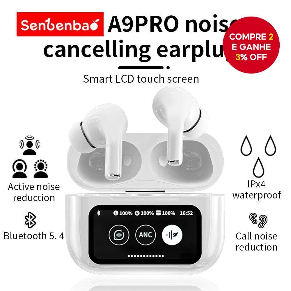 Senbenbao A9 Pro Fones De Ouvido Sem Fio Bluetooth 5.4 Com Cancelamento De Ruído ANC Microfone Embutido LED Touchscreen 