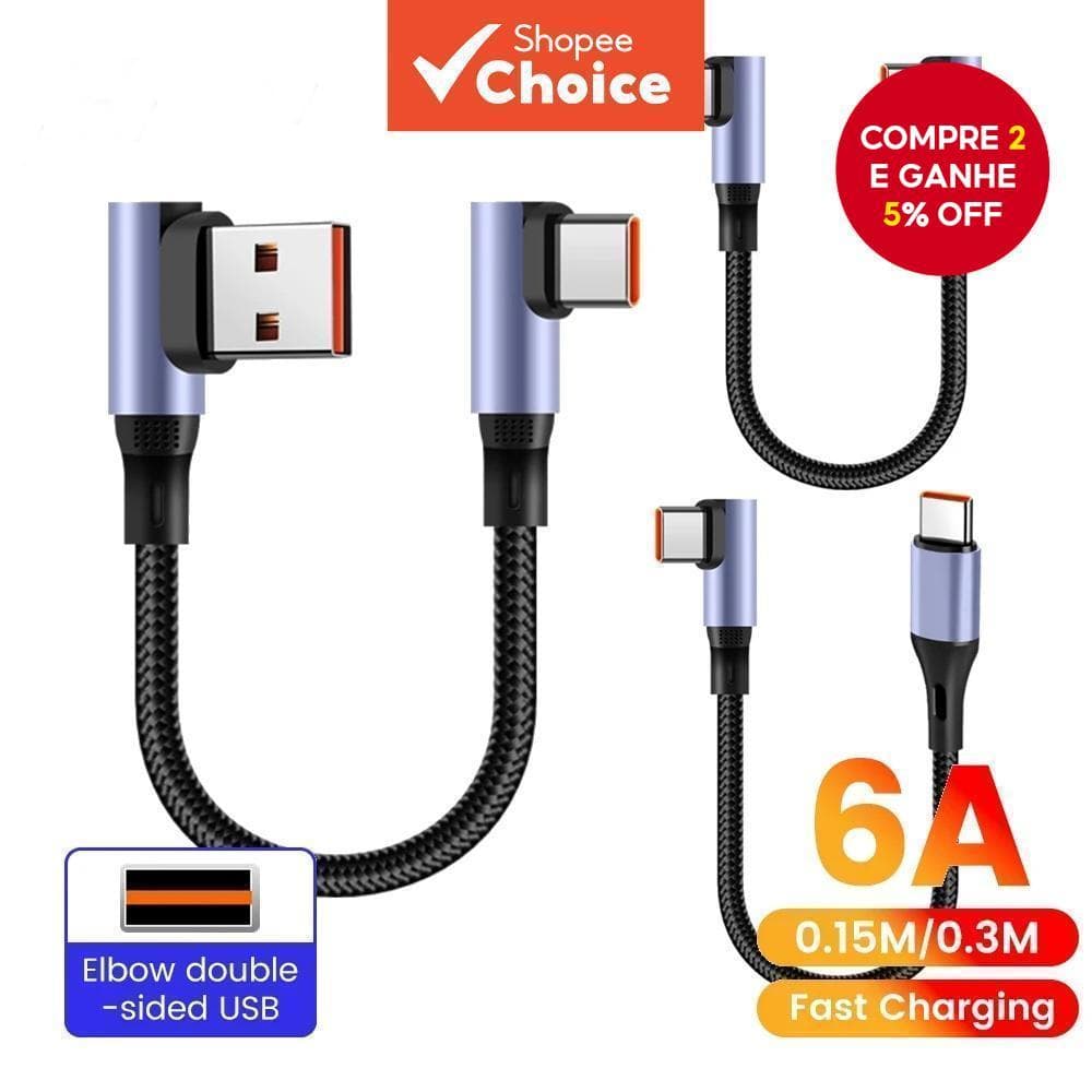  Cabo USB Tipo C Curto de 90° Cotovelo 15cm/30cm, Carregamento Rápido para Power Bank Samsung