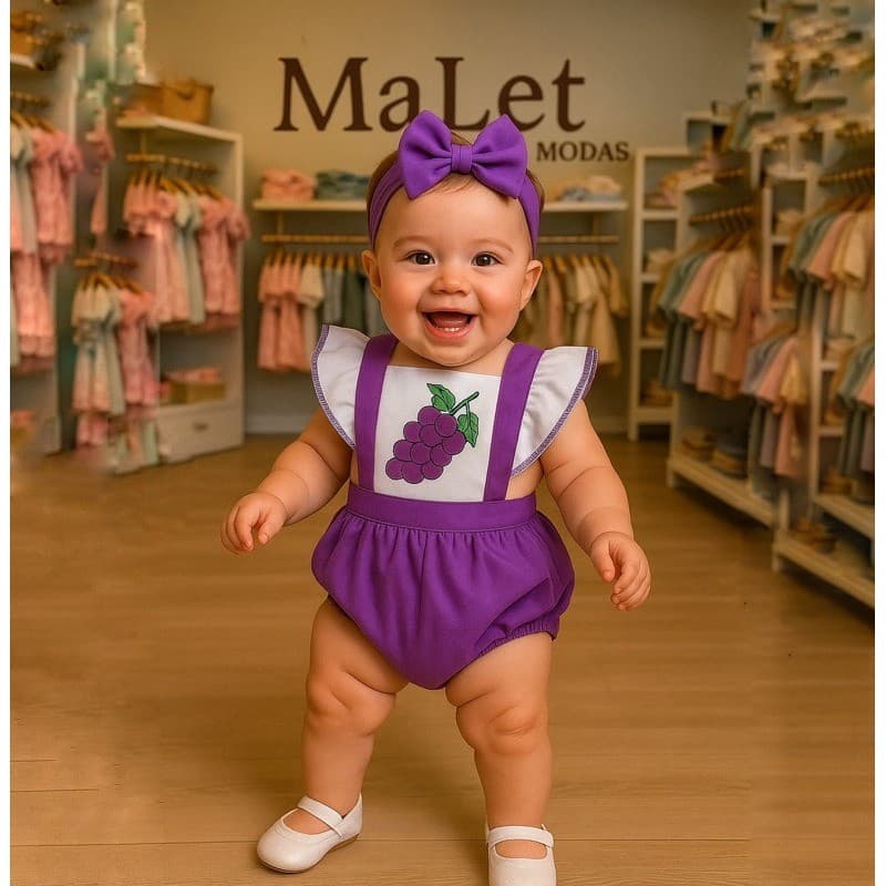Jardineira Romper Bebê Menina Body Temático Book Festa Mesversário frutinhas cereja melancia uvinha pera p sua princesa