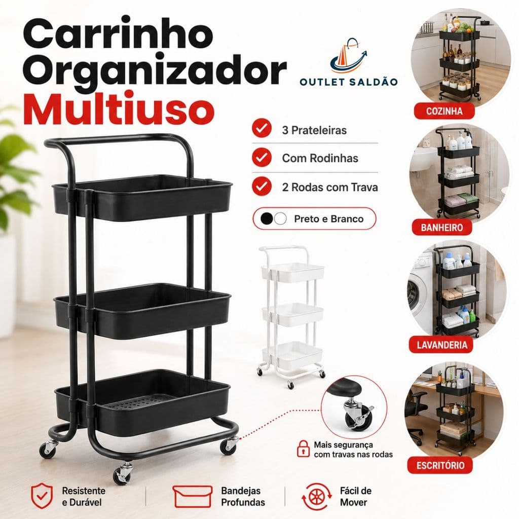 Carrinho organizador multiuso 3 Andares com rodinhas Alça Auxiliar Em Aço Fruteira Cozinha Banheiro Manicure
