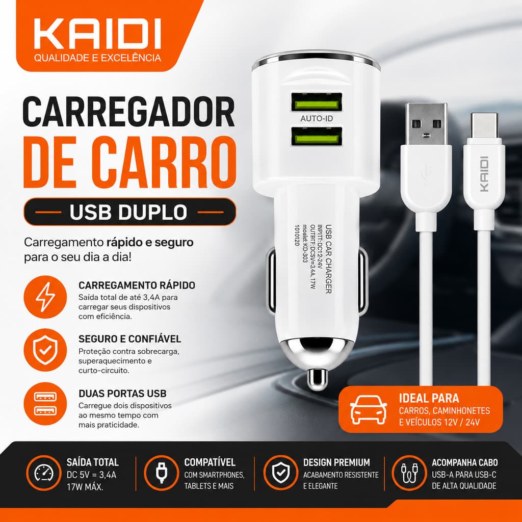 CARRO CARREGADOR VEICULAR CARREGAMENTO RAPIDO 3.4A COM CABO INCLUSO MODELO IPHONE TIPO-C V8 KD-303