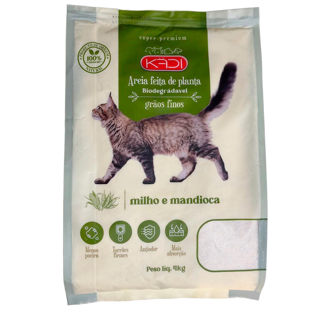 Areia sanitária para Gatos Kadi grãos fina 4Kg Mandioca Milho Vegetal