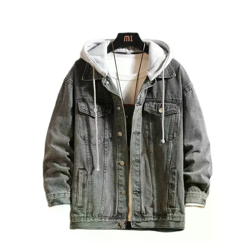 Jaqueta Jeans Masculina Com Capuz Casual Streetwear Cor Sólida Gola Virada Para Baixo Casacos Masculino Jacktes Chapéu D