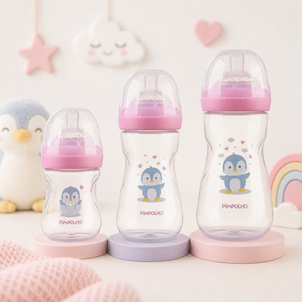 Mamadeira Bebê Pimpolho Serena 3 Peças Anti Cólica Silicone Soft Touch 150ml 260ml 330ml