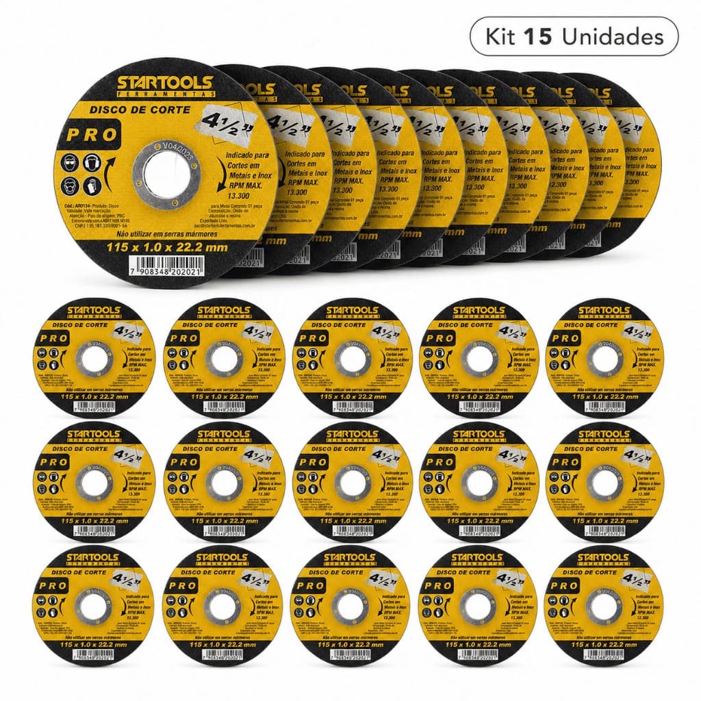Kit 15 Disco De Corte Ferro Inox Metal 4.1/2 115mm 1mm Fino Esmerilhadeira Startools Profissional