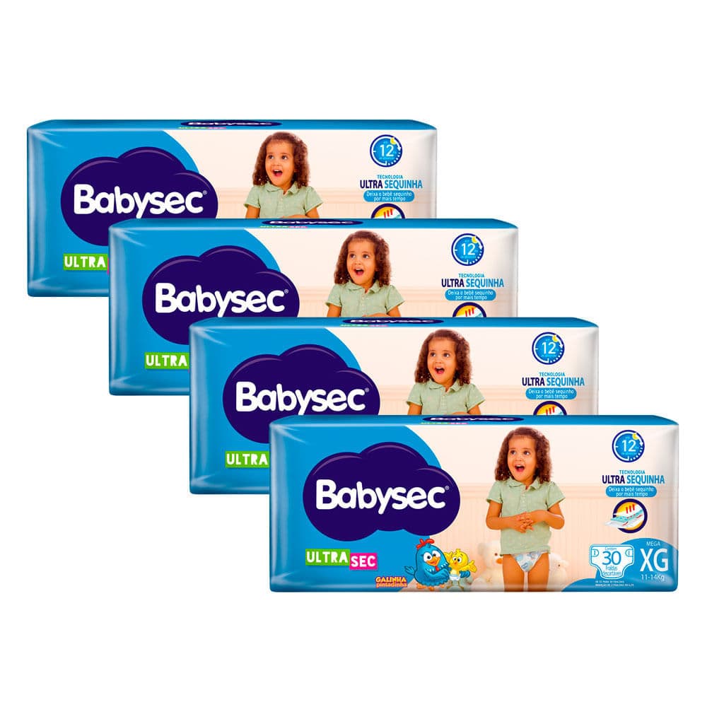 Kit 4 Fralda Babysec Ultrasec Tamanho XG Pacote Mega 30 Unidades