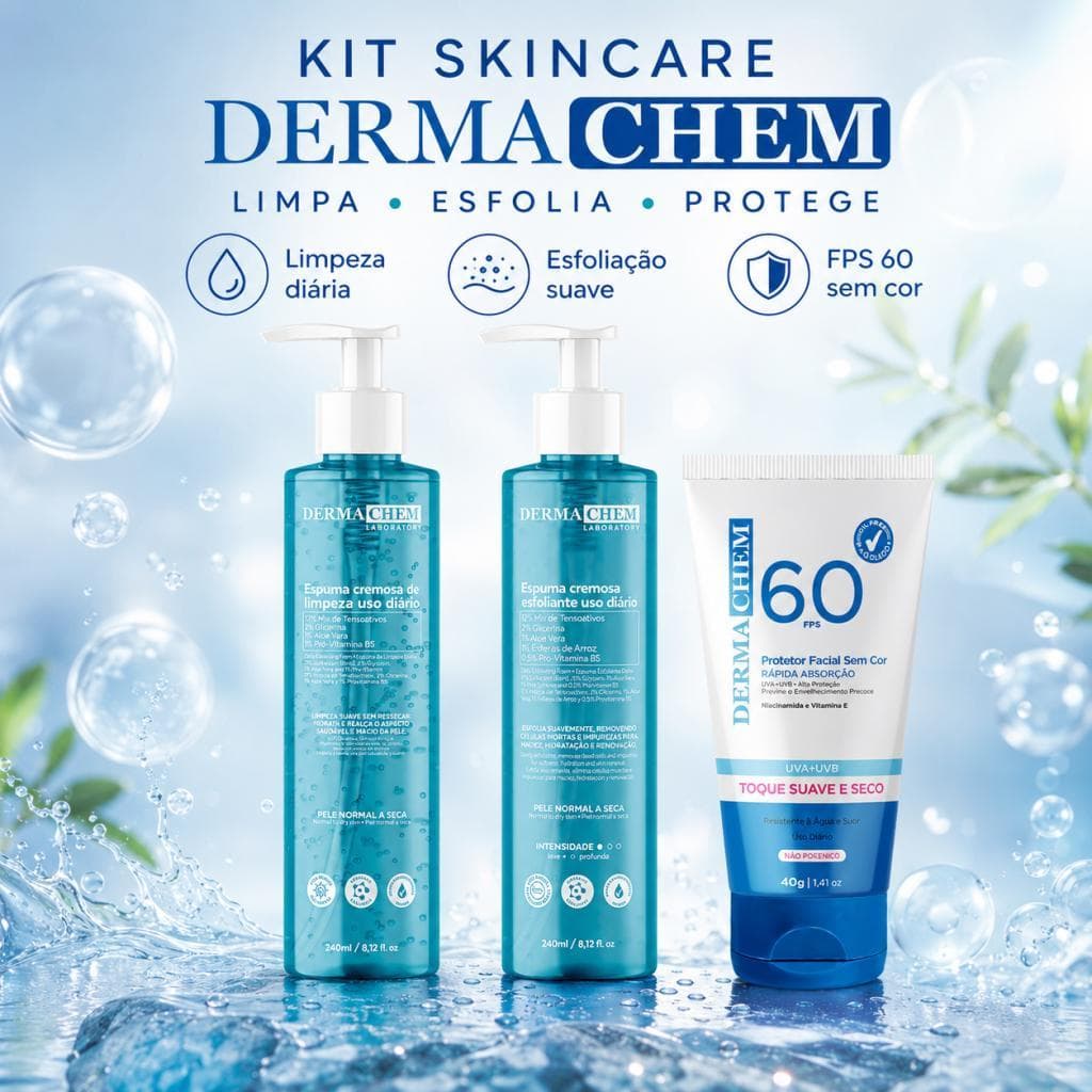 KIT DERMACHEM ESPUMA DE LIMPEZA + ESFOLIANTE  E PROTETOR SOLAR 60 FPS