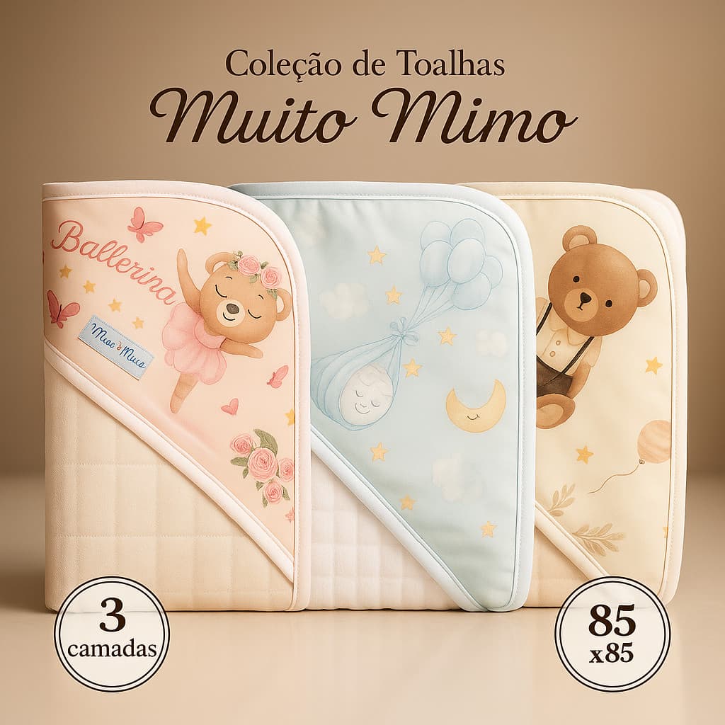 Toalha de Banho Bebê com Capuz 100% Algodão Fralda Soft 3 Camadas 85x85cm Bordada Enxoval Recém-Nascido