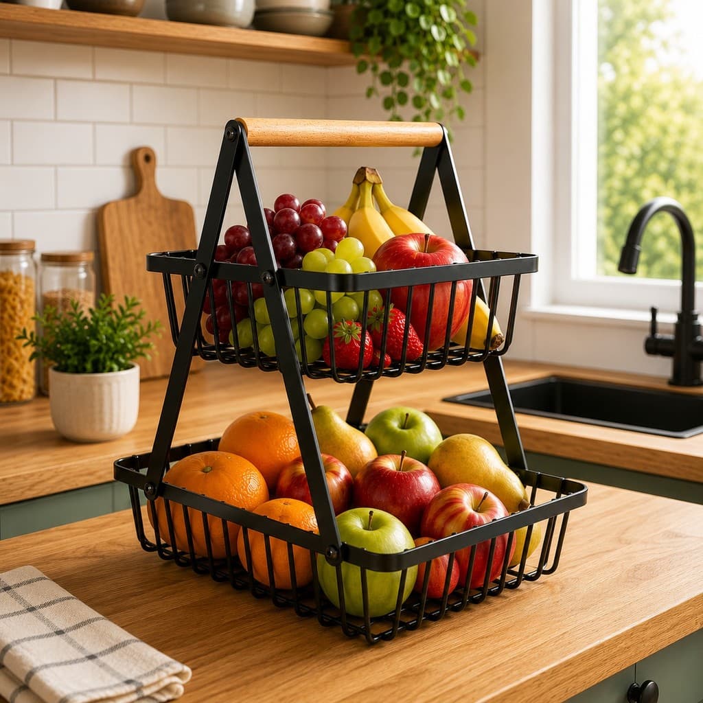 Fruteira de Mesa ou Cesto Multiuso Cesta Metal Portátil Organizador Para Casa Cozinha 35 Cm