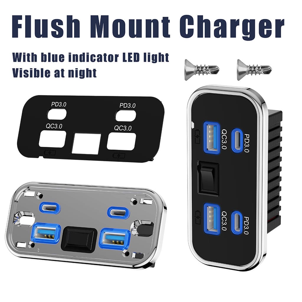 Carregador Veicular USB à Prova D'água 76W Duplo PD3.0 QC3.0 Portas de Alimentação de Carregamento Rápido 12V 24V