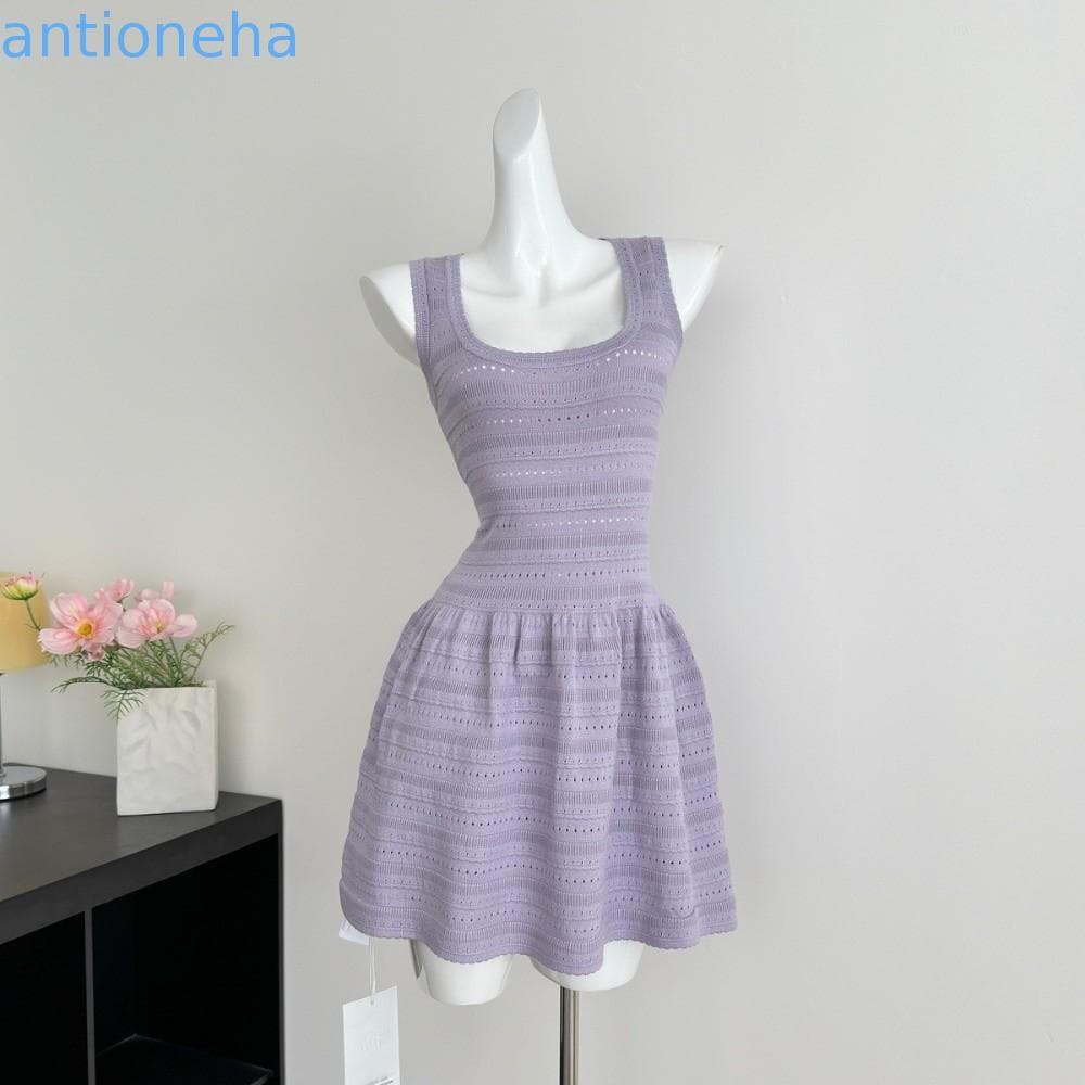 ANTIONEHA Vestido Feminino De Malha , Corte Justo , Gola Em U , Saias Curtas E Finas , Vestidos Elegantes Sem Mangas Lin