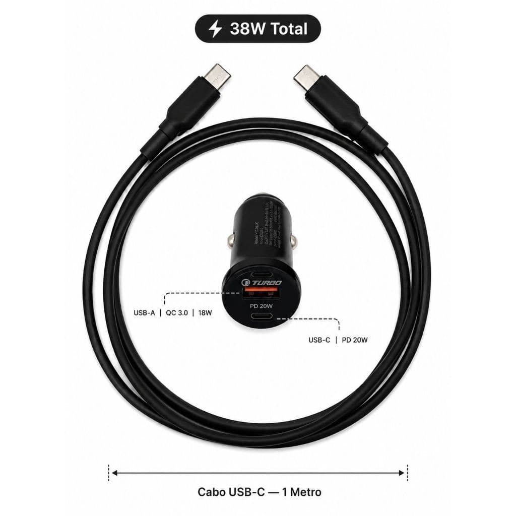 Carregador Veicular Com Cabo 1 Metro Turbo Usb-c 2 Portas Preto 20w Fast Charger