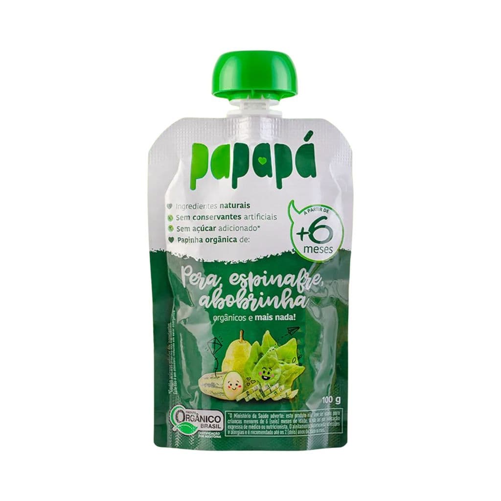 Papinha Infantil Orgânica Pera, Espinafre e Abobrinha Sem Açúcar - Papapá 100g