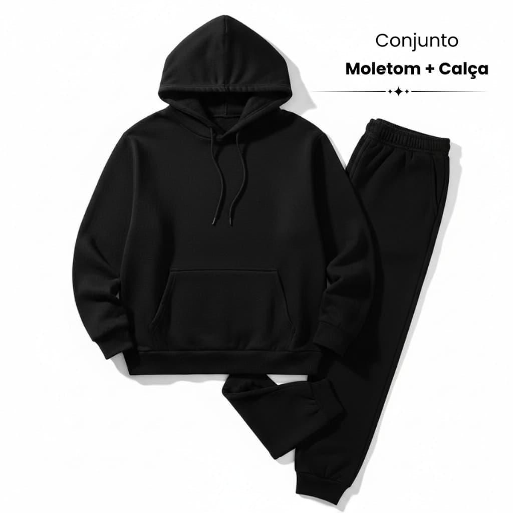 Conjunto Moletom Masculino Preto Liso Unissex Blusa Canguru Com Capuz e Calça