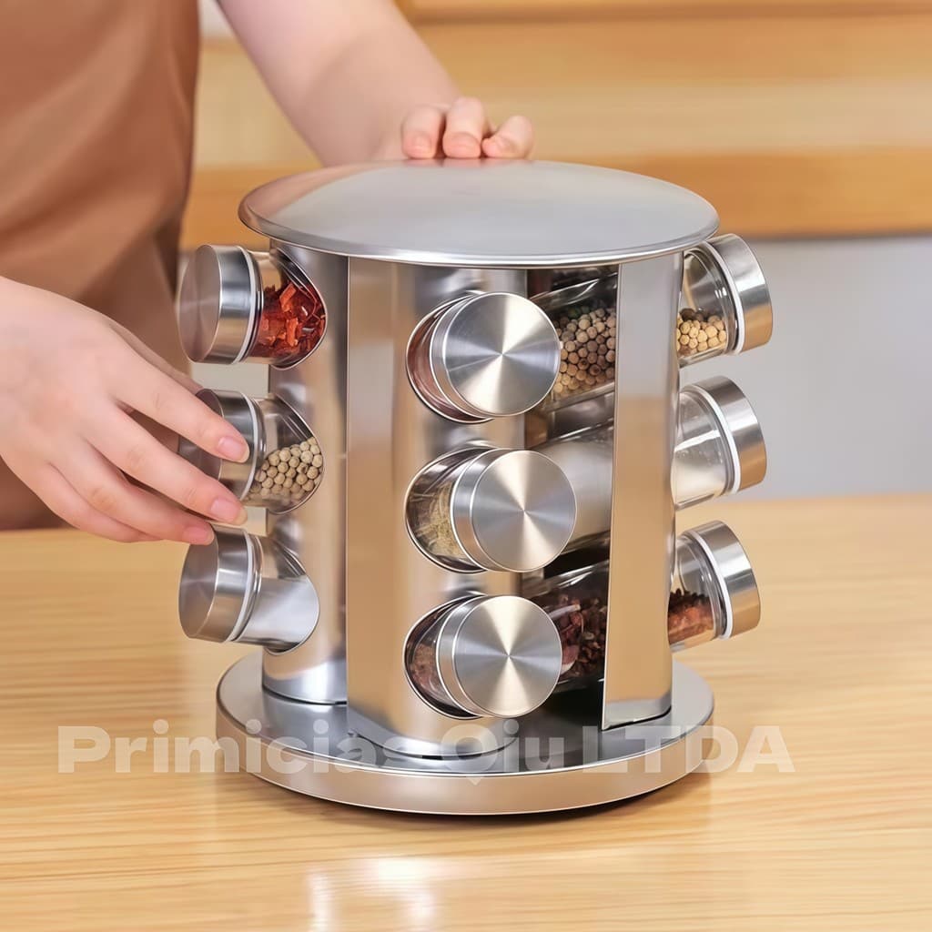 Porta Tempero Giratório Inox 12 Potes Vidro Tampa Rosca Organizador Condimentos Galheteiro DONG