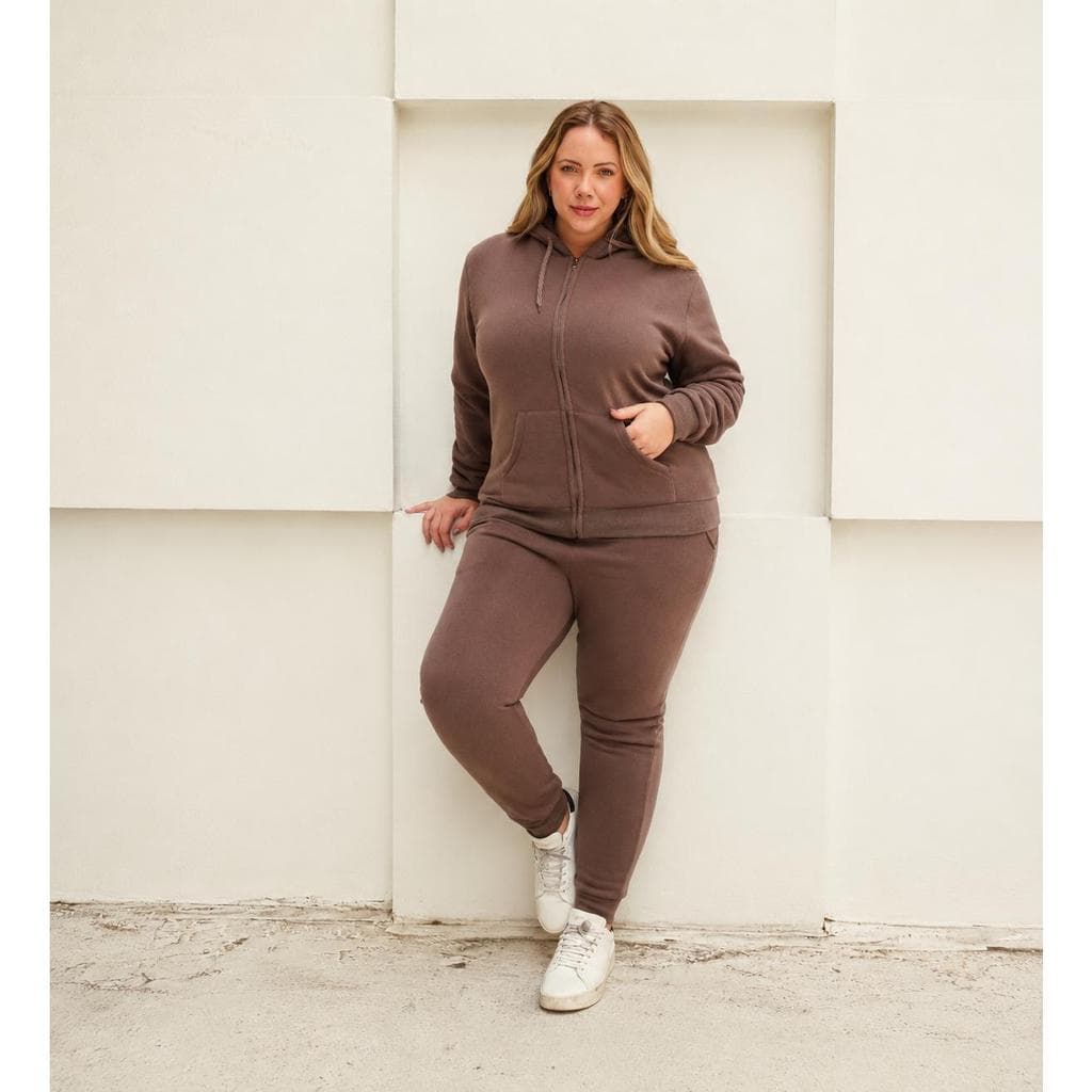 Conjunto Plus Size Moletom Peluciado Blusa com Ziper Capuz e Bolsos Canguru