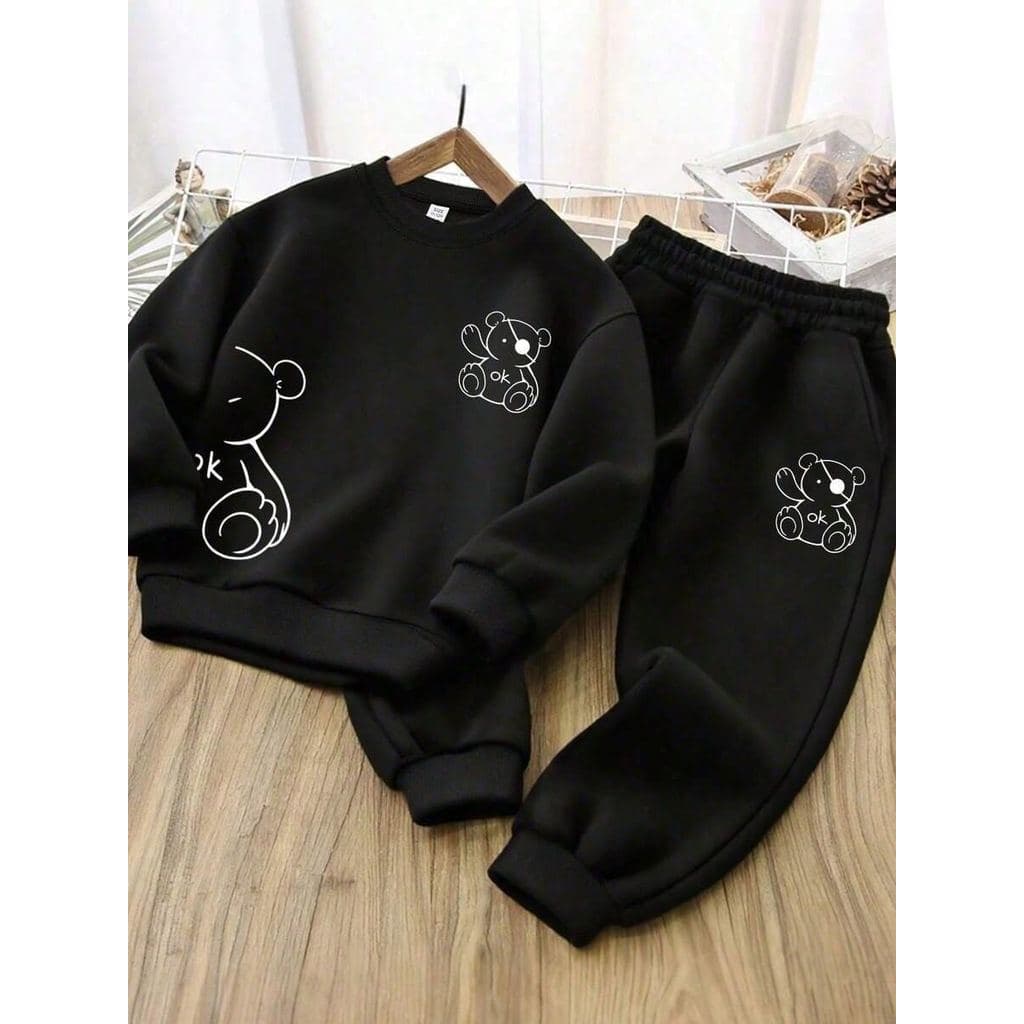 Kit Conjunto Menino Urso Fofo e Casual Estampa de Moletom 2 Peças Moletom Confortável e Macio