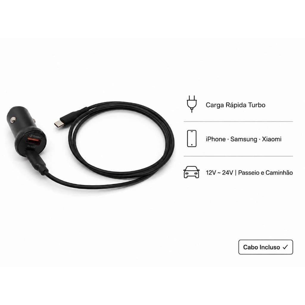 Carregador Veicular Duplo USB 20w Fast Charge Com Cabo USB-C 1 Metro Preto