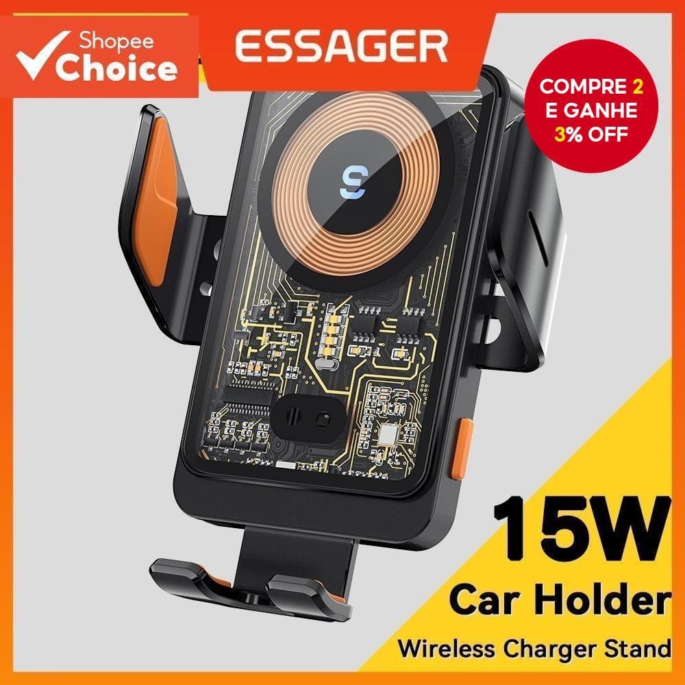Suporte De Telefone Para Carro Essager 15w Carregador Sem Fio Abertura E Fechamento Automático