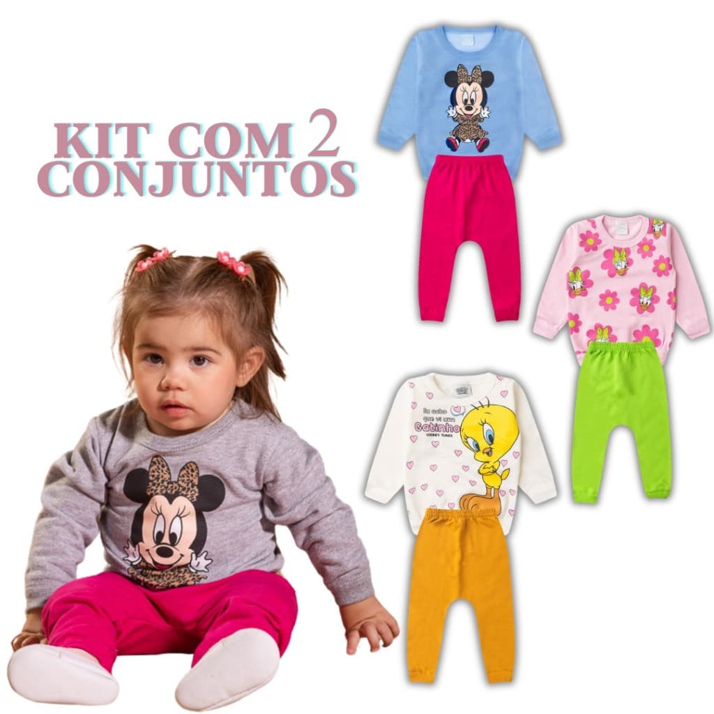 Kit 4 Peças Conjunto Moletom Infantil Menina Bebê P ao 3 Feminino Frio Inverno Personagens Minnie