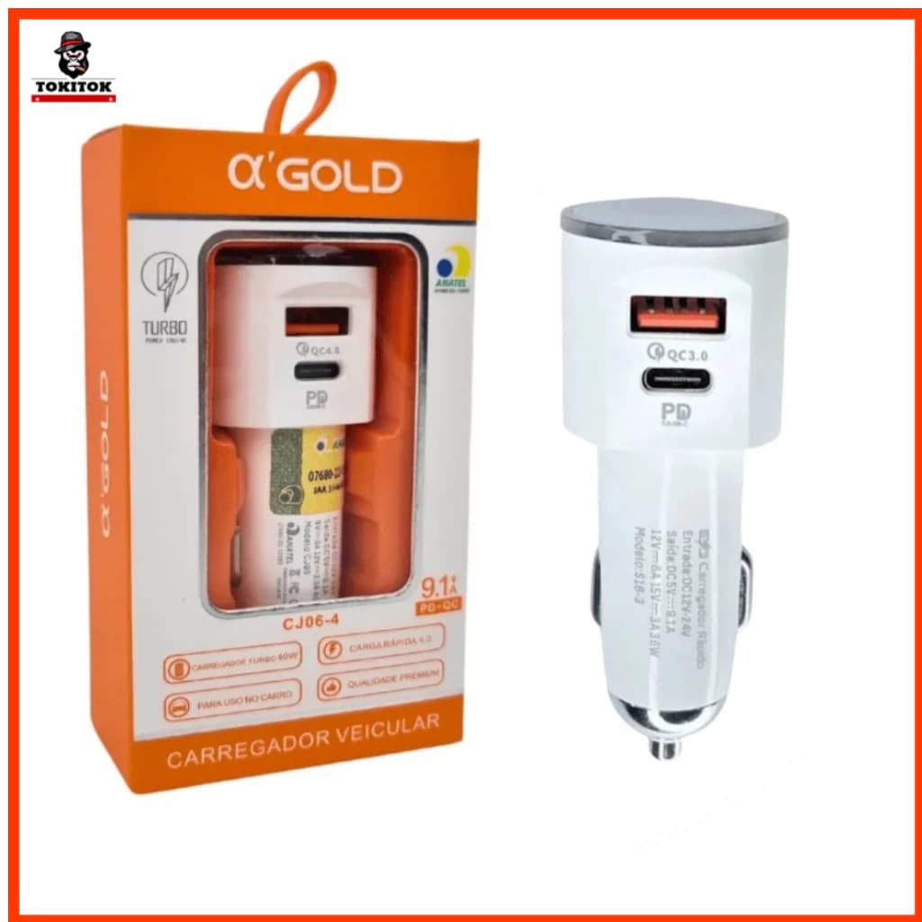 Carregador Veícular Turbo 60W Turbo USB-C PD3.0 QC4.0 Carga Rápida 9.1A CJ06-4