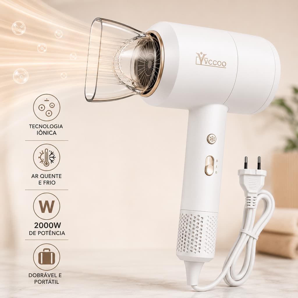 Secador De Cabelo Profissional Íons Negativos 2000W Ar Quente E Frio Dobrável Portátil