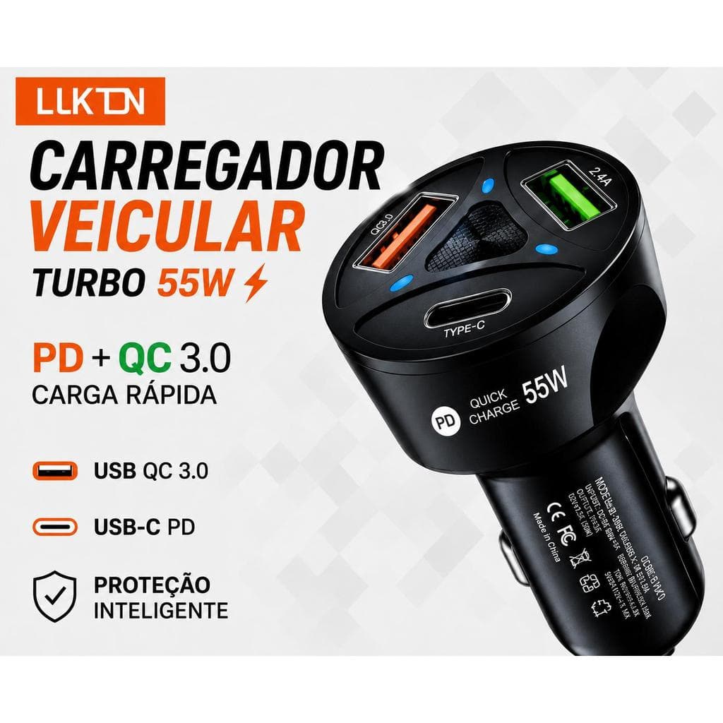 Carregador Veicular Turbo 55W USB + USB-C PD QC 3.0 Carga Rápida Universal para Carro
