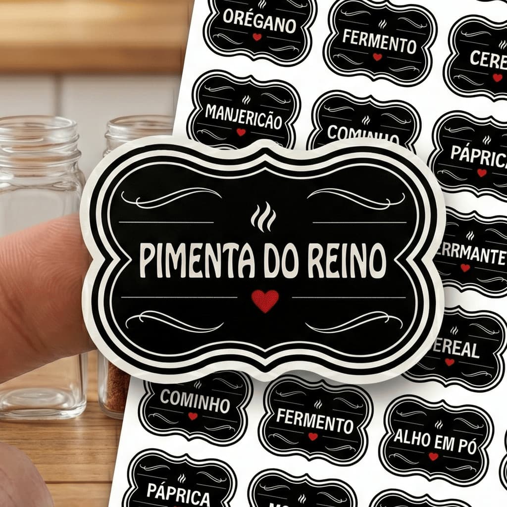 50 Adesivos no Vinil PRETO para Potes Organizadores Temperos Mantimentos Organizador 5x3,5cm