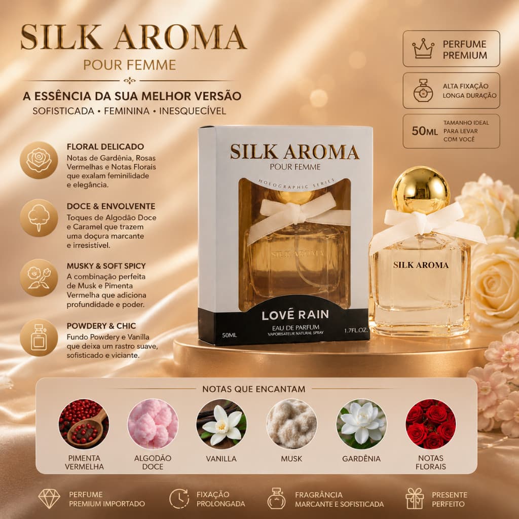Perfume Feminino Importado Silk Aroma 50ml Premium Doce Baunilha Musk Caramelo Floral Floral Amadeirado Forte Fixação
