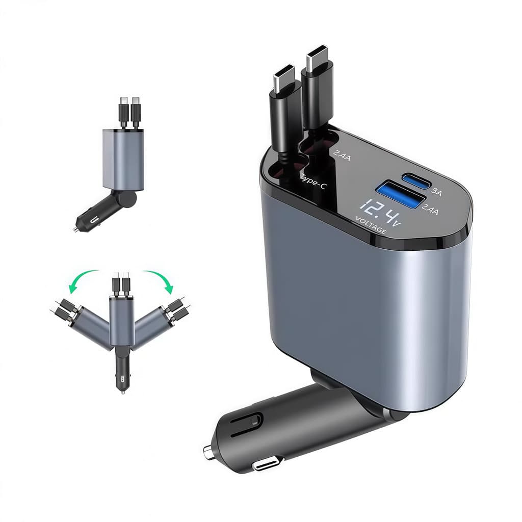 Carregador Veicular  4 em 1 Retrátil USB Tipo C iPhone Android Carga Rápida Carro com Cabo Integrado ANJGG BRASIL