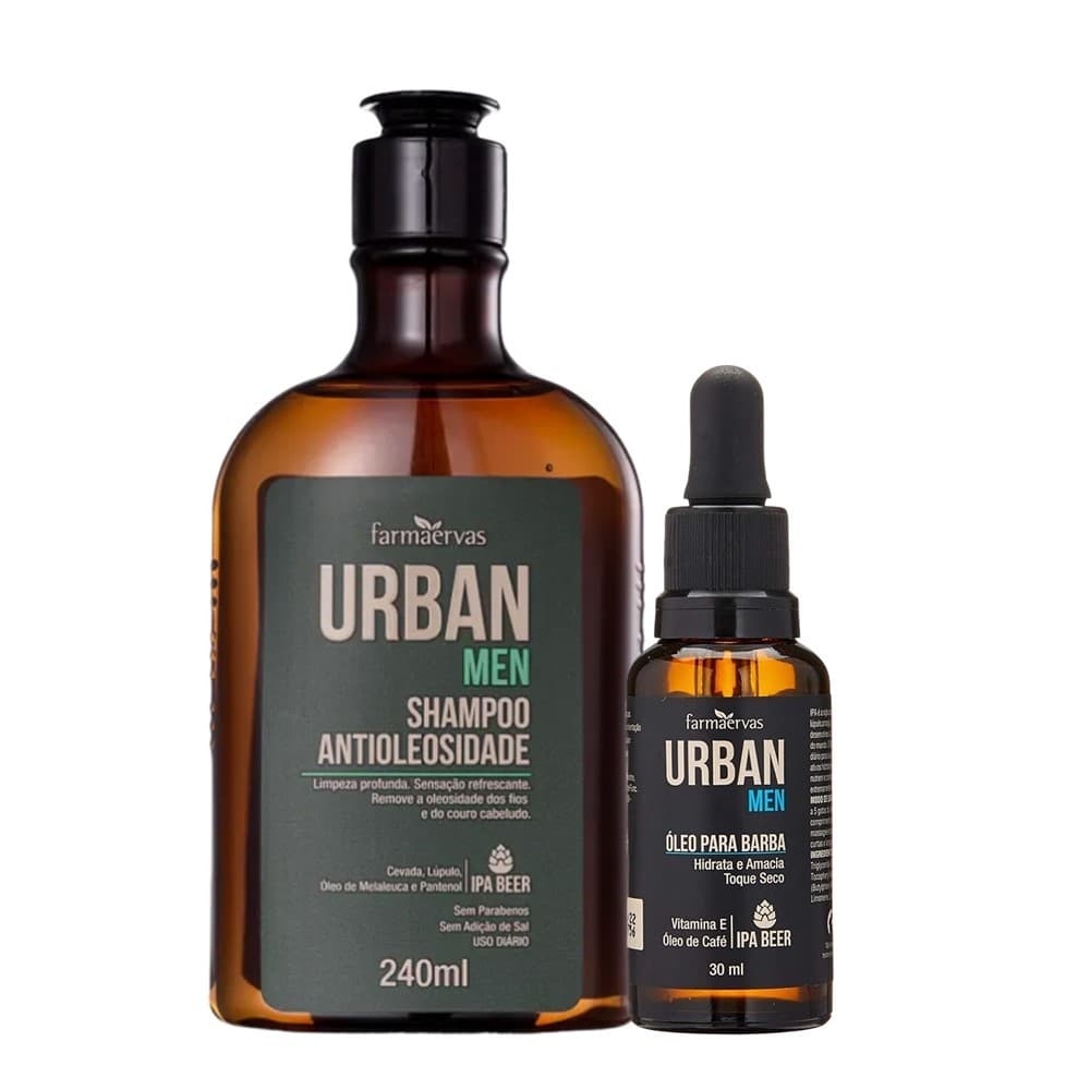 Kit Shampoo Antioleosidade e Óleo para Barba Hidratante Masculino Urban Men Farmaervas