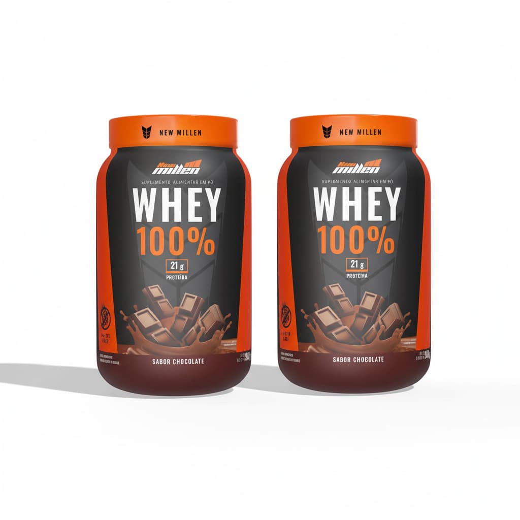 KIT 2 WHEY PROTEIN 100% 21G PROTEINA CHOCOLATE POTE 900G 