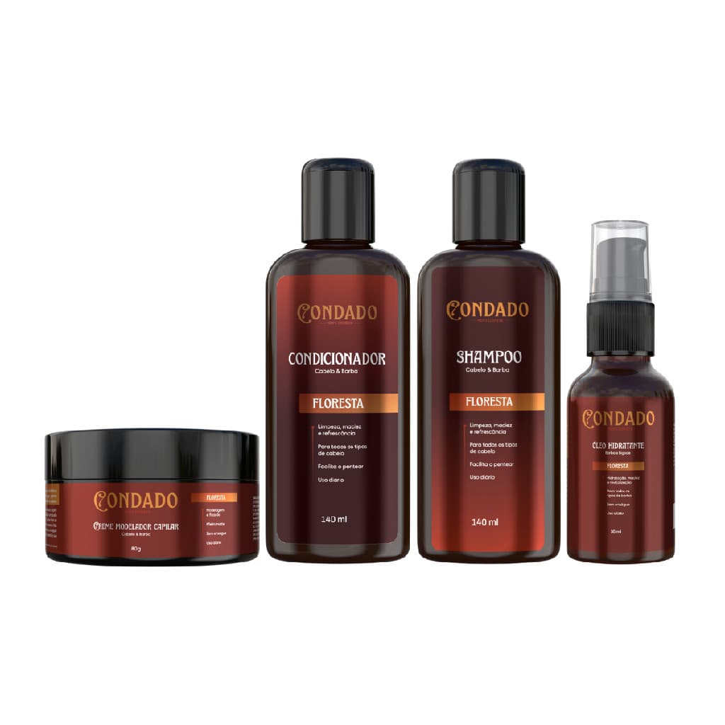 Kit Premium Masculino Condado Amadeirado Barba Shampoo Condicionador Creme modelador Óleo Hidratante