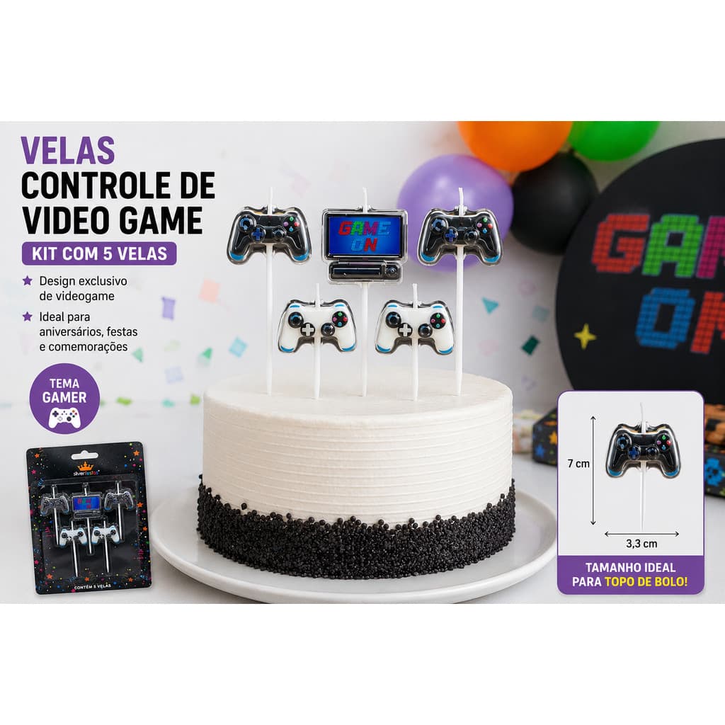 Kit 5 Velas Gamer Controle Videogame Game On Topo De Bolo Festa Aniversário