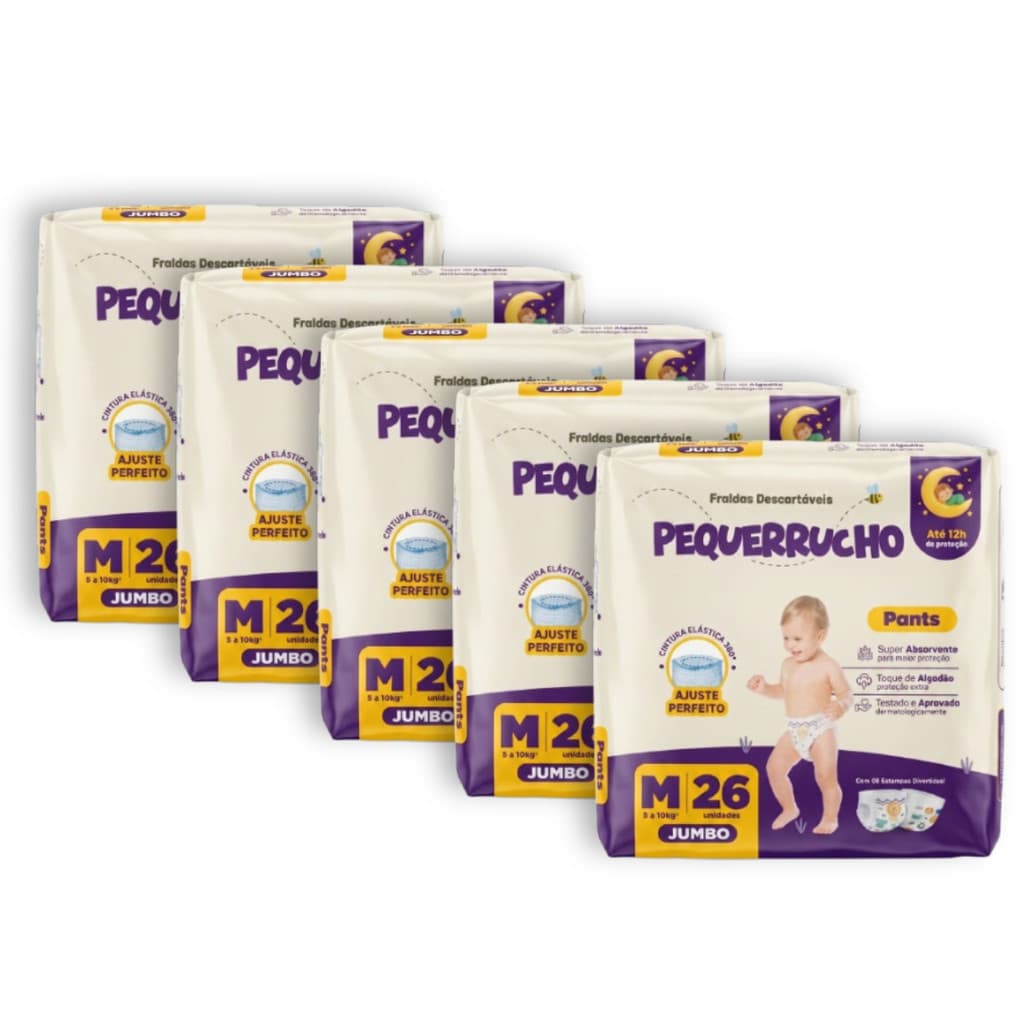 Kit 5 Fralda Descartável Pequerrucho Pants Toque Macio Hipoalergênico - Tamanho M - Total 130 Unidades