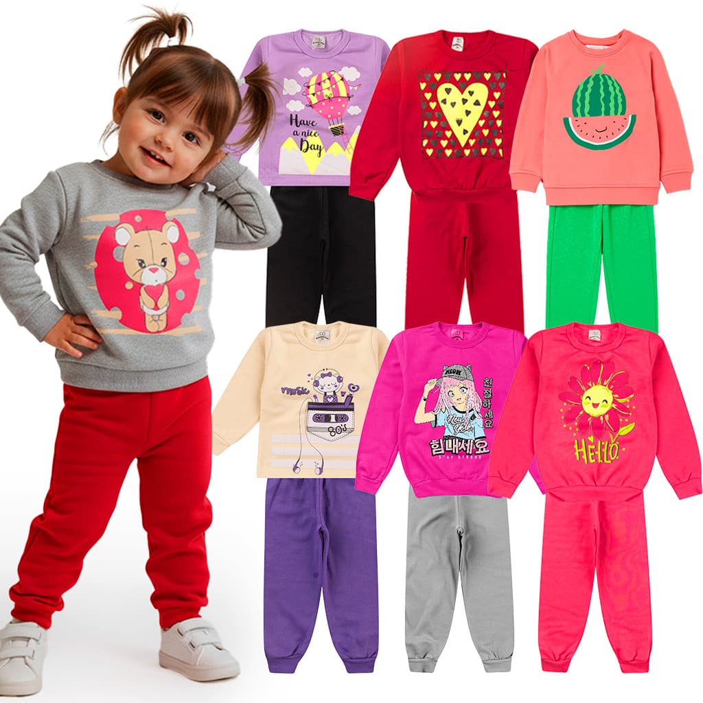 Kit 10 Peças Moletom Inverno Infantil Feminino Manga Longa para Menina Conjunto 1 ao 14