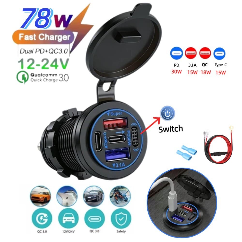 NOVO Soquete Carregador Veicular 12V-24V Embutido PD30W QC3.0 4 Portas Carregador USB-C Rápido Saída de Energia à Prova