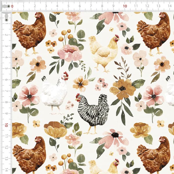 Tecido Tricoline Digital Galinhas e Flores Aquarela Artesanato Patchwork Ateliê Pano Costura DIY