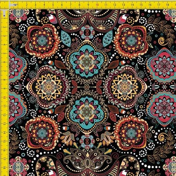 Tecido Tricoline Digital Arabesco e Mandalas Pano Patchwork Costura Ateliê Artesanato DIY