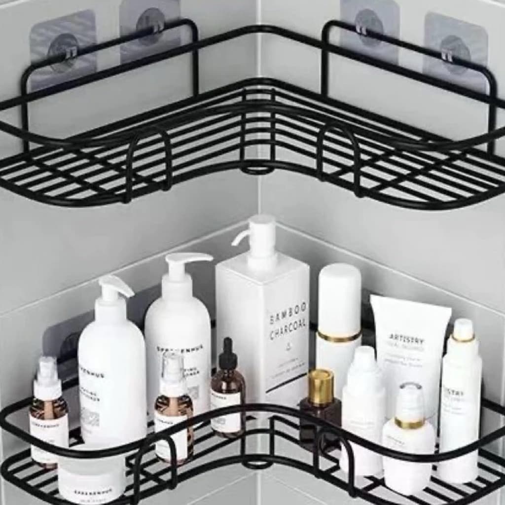 Kit 2 Prateleiras Suporte Com Alto Adesivos Para Parede Banheiro Cozinha Lavanderia Shampoo E Sabonete Preto