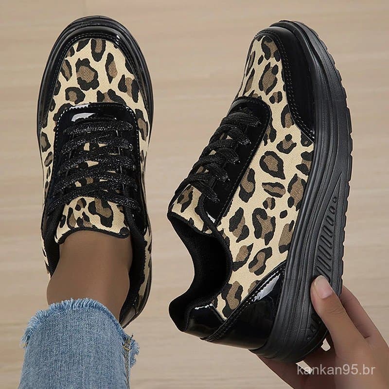 Tênis Chunky Femininos com Estampa de Leopardo, Leves, Confortáveis, Moda Casual, Calçados para Caminhada Femininos