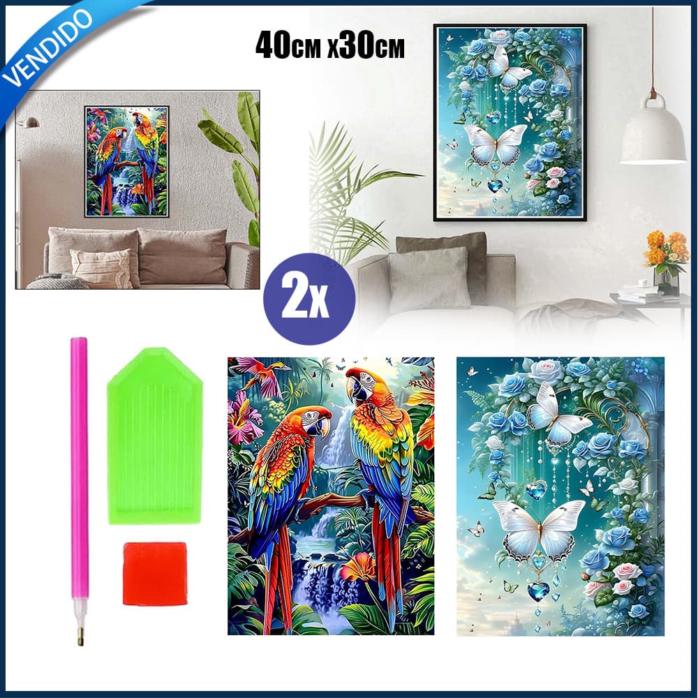 2x Pintura em diamante quadrada 5D 40x30cm Decoração de parede Pintura em diamante Papagaios gêmeos + Borboleta azul