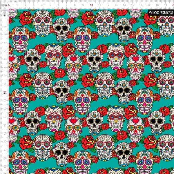 Tecido Tricoline Digital Caveiras Floral Fundo Tifanny Costura Artesanato Pano Patchwork