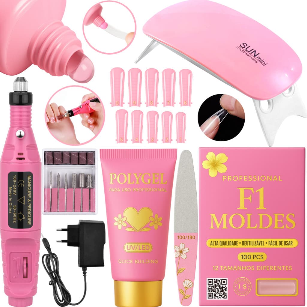 Kit  de Unha Gel completo Iniciante Manicure Alongamento Cabine Sun Mini Unhas Polygel Molde F1 Lixa Lixadeira Elétrica