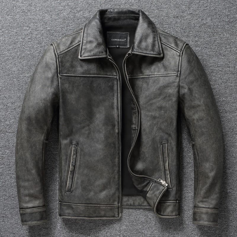 Retro angustiado lapela jaqueta de couro genuíno jaqueta de couro genuíno masculino curto fino-ajuste jaqueta primeira c