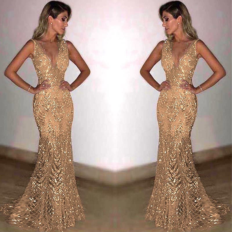 Novo produto 2025 roupas femininas reunião anual vestido de noite longo sem mangas com decote em V vestido kais925.br202