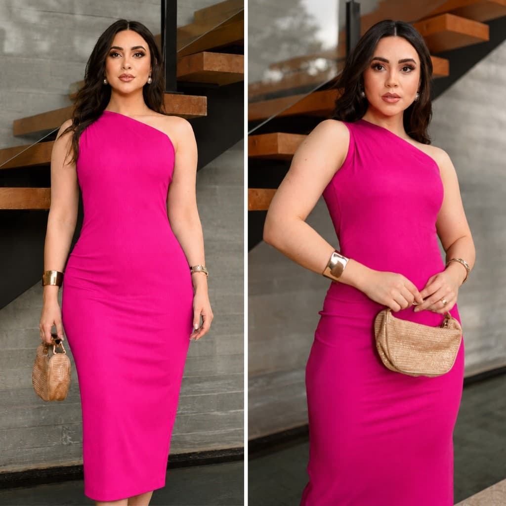 Vestido Feminino Midi Canelado Mula Manca um Ombro só com Fenda