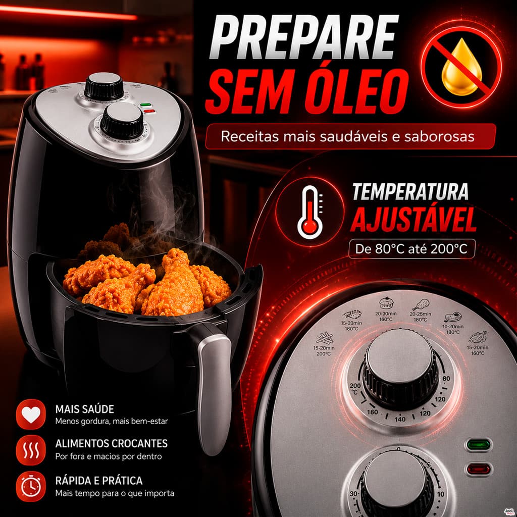 Fritadeira Elétrica Sem Óleo 3 Litros com Tecnologia de Circulação de Ar Quente 360°