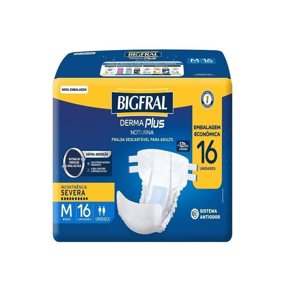 Fralda Descartável Adulto Bigfral Derma Plus Noturna Econômica Tamanho M - 4 Pacotes com 16 Fraldas - Total 64 Tiras