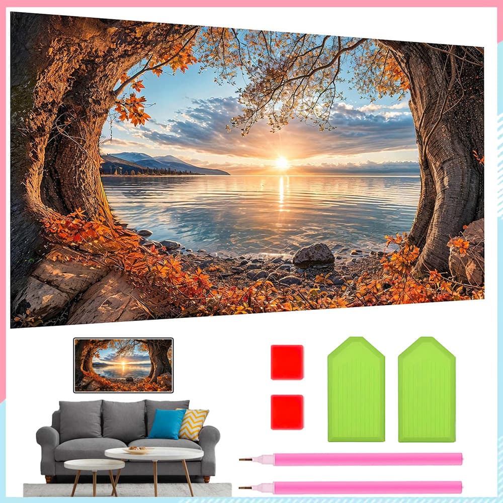 40 x 70 cm, Conjunto de pintura diamante 5D para adultas Lago no outono Pintura artística com diamante quadrados